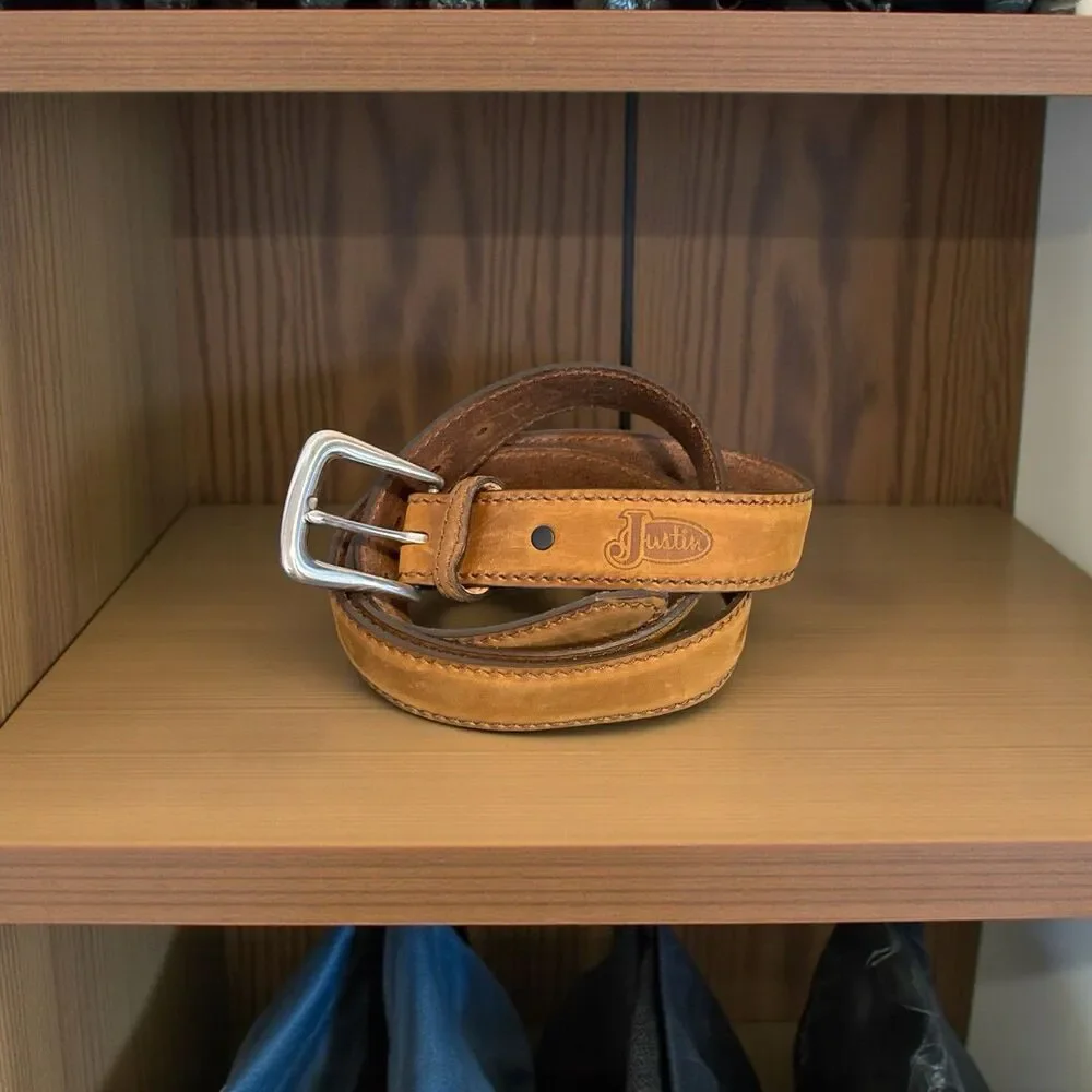 Justin Top Grain Cowhide Brown Leather Belt Silver Hardware 48